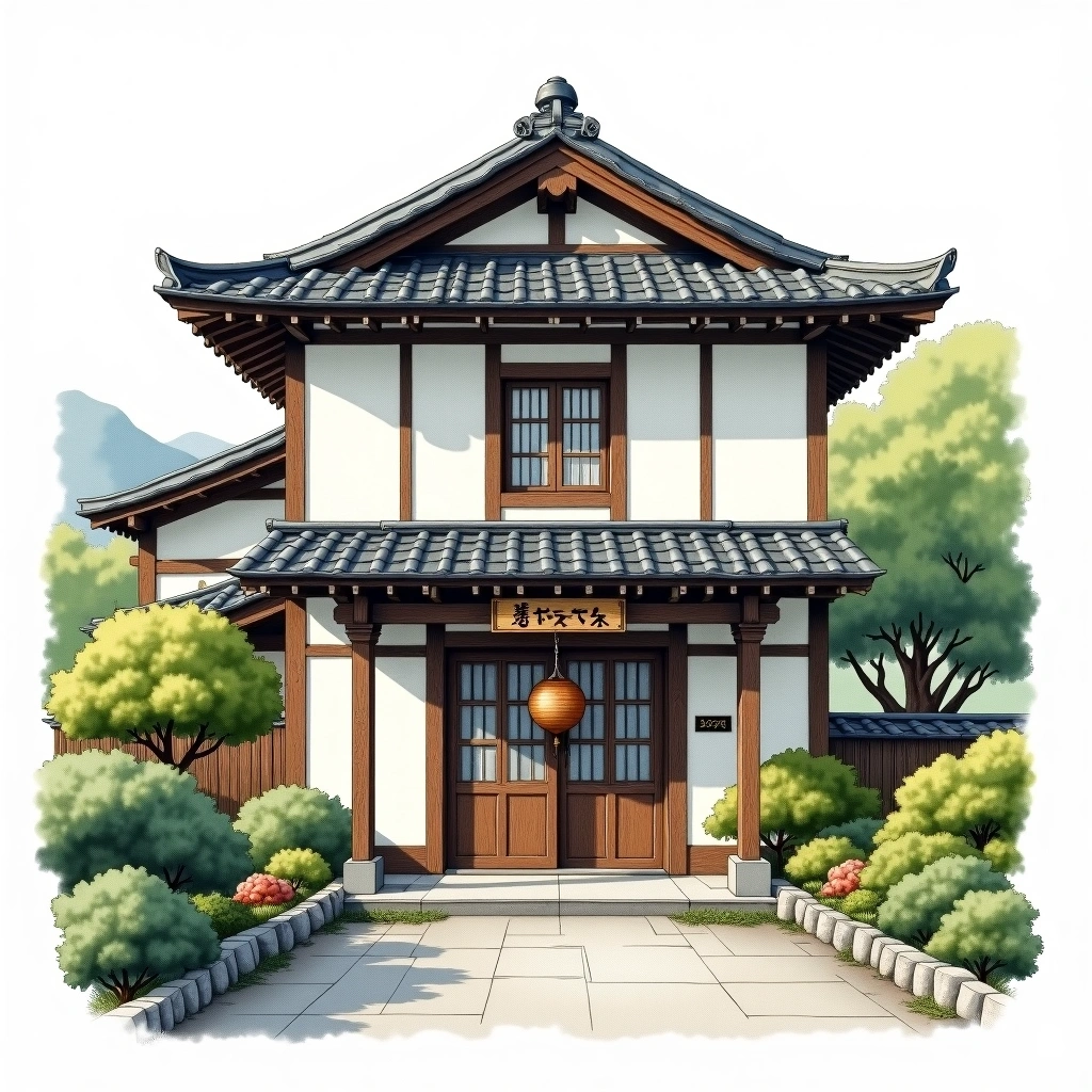 Akabu Shuzo sake brewery — watercolor illustration