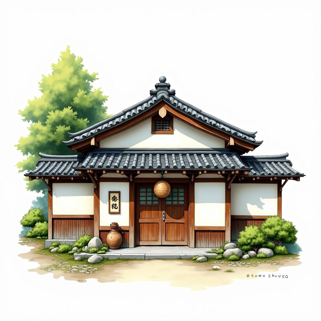 Akishika Shuzo sake brewery — watercolor illustration