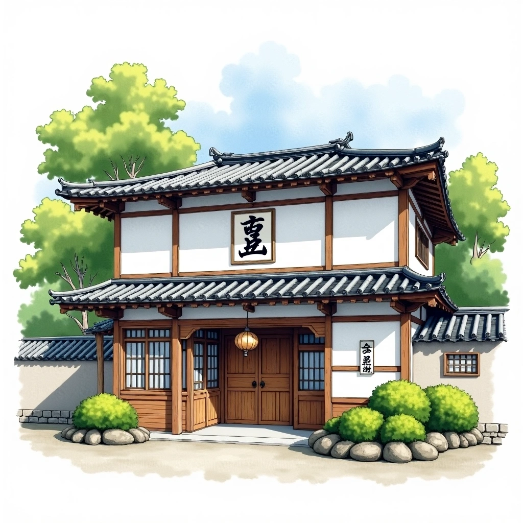 Hakutsuru Sake Brewing sake brewery — watercolor illustration
