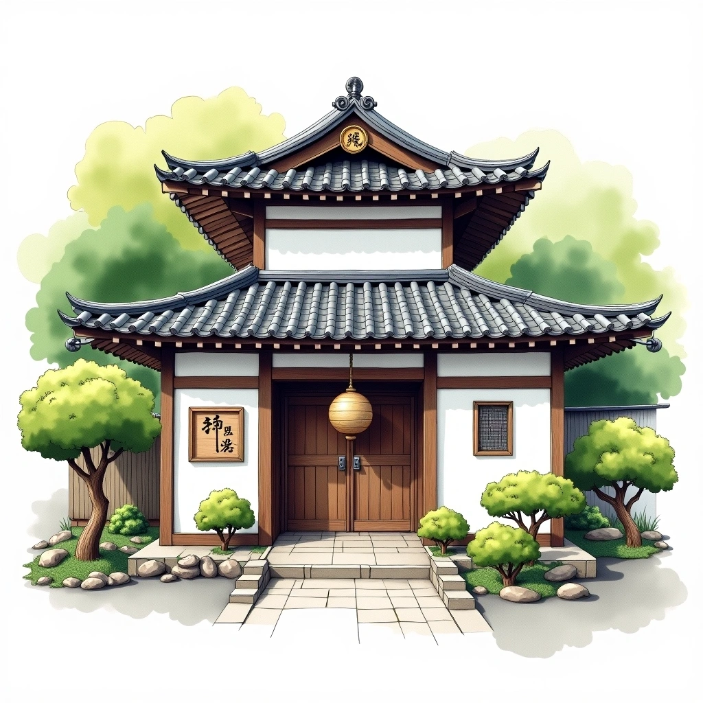 Hinomaru Jozo sake brewery — watercolor illustration