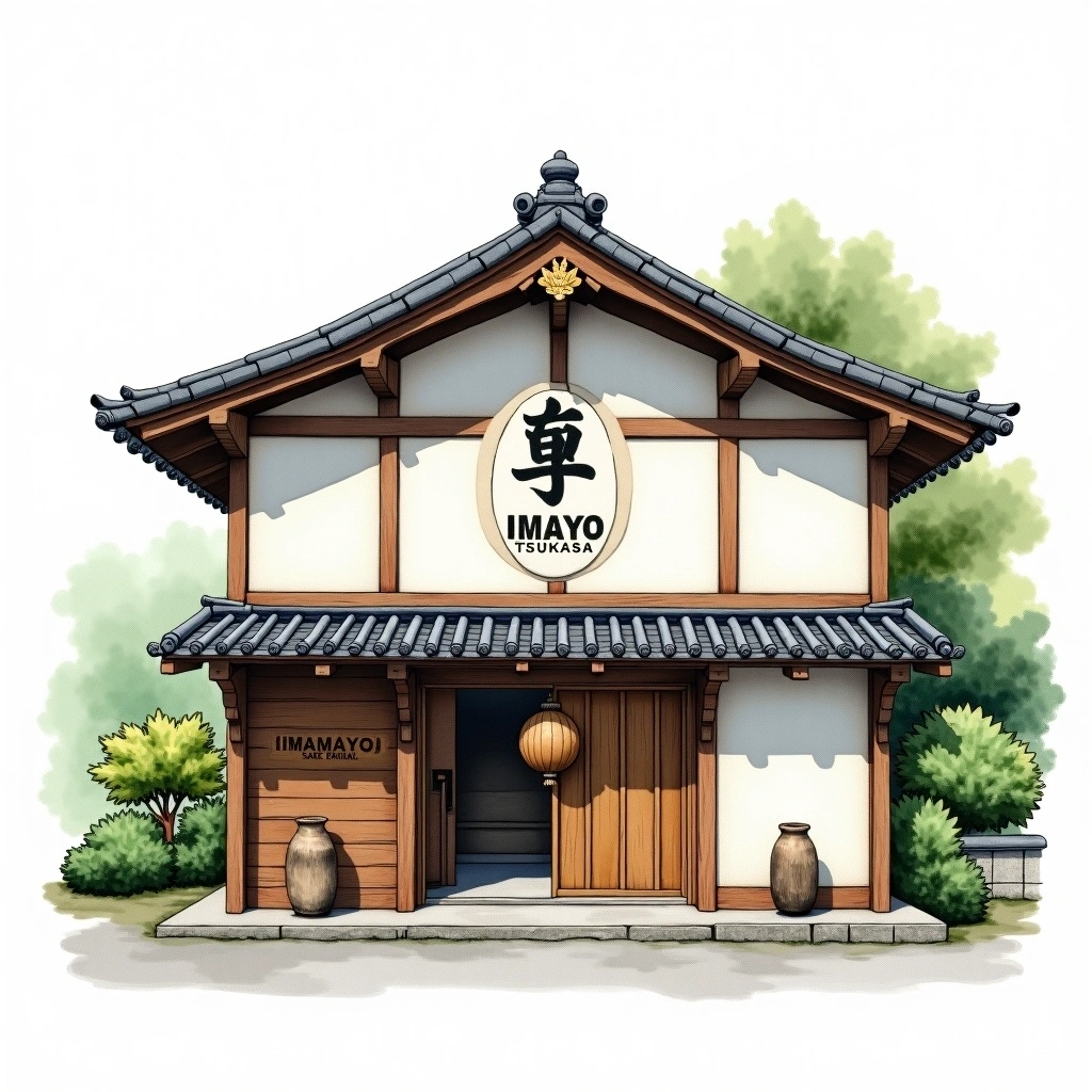 Imayo Tsukasa sake brewery — watercolor illustration