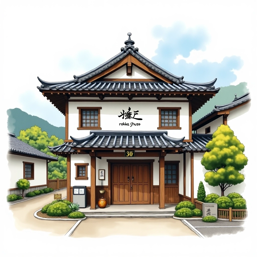 Rokka Shuzo sake brewery — watercolor illustration