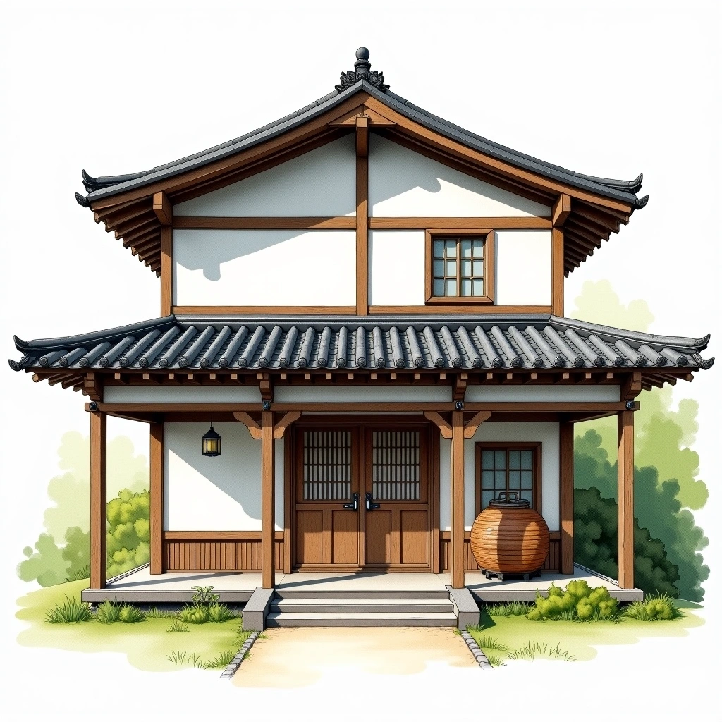 Ozeki Corporation sake brewery — watercolor illustration