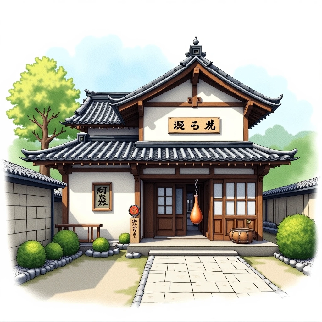 Akita Meijo sake brewery — watercolor illustration