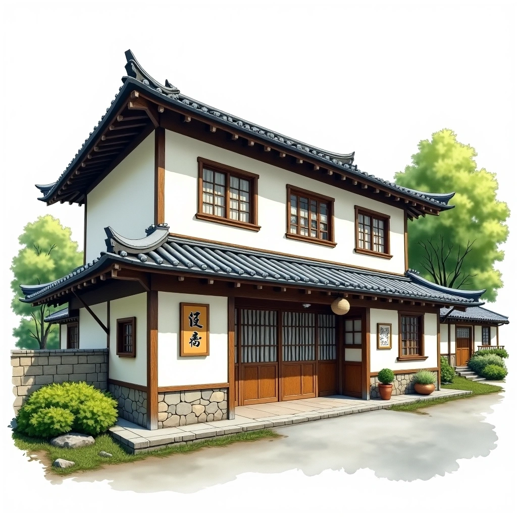 Yamanashi Meijo sake brewery — watercolor illustration