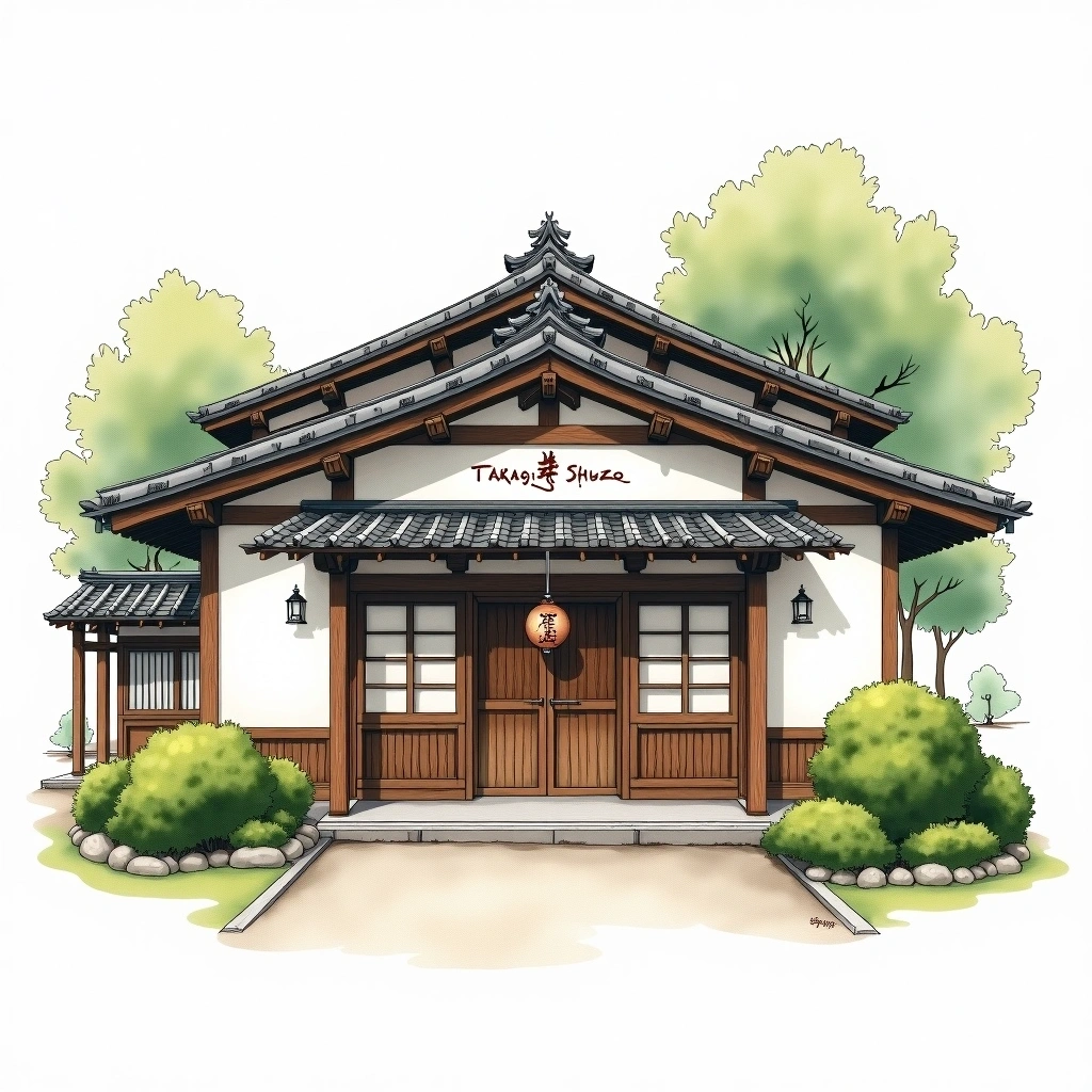 Takagi Shuzo sake brewery — watercolor illustration
