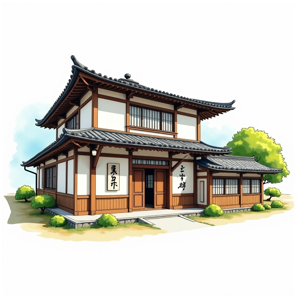 Akita Shurui Seizou sake brewery — watercolor illustration