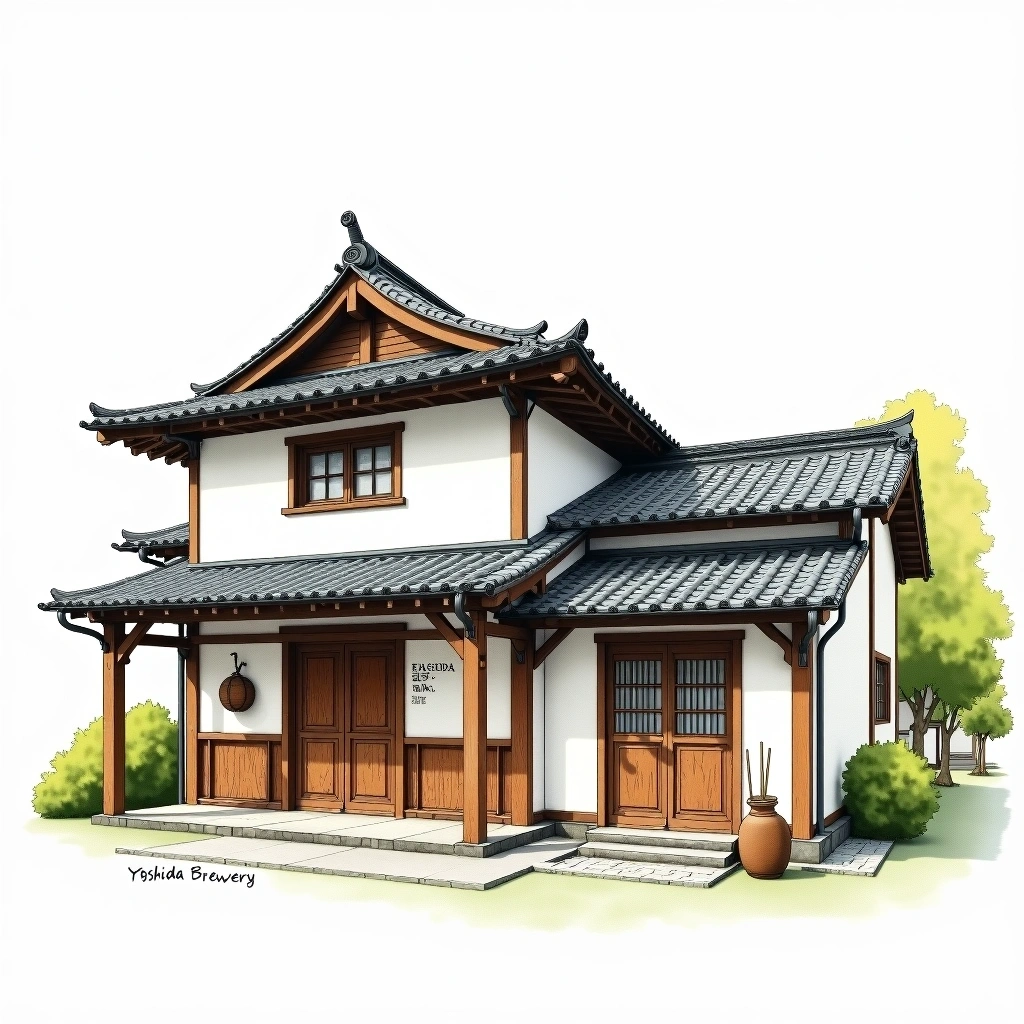 Yoshida Sake Brewery sake brewery — watercolor illustration