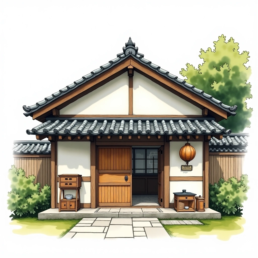 Tsukasabotan Sake Brewing sake brewery — watercolor illustration