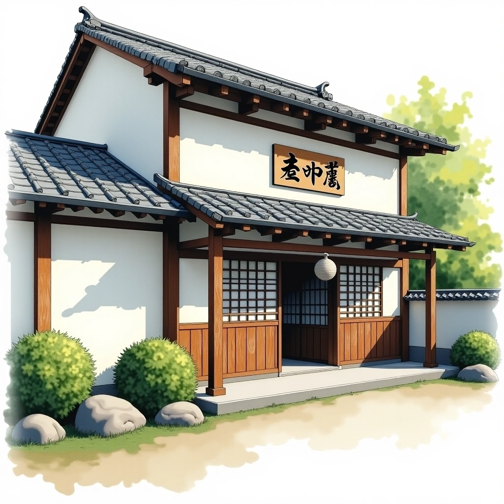 Tsuki no Katsura sake brewery — watercolor illustration