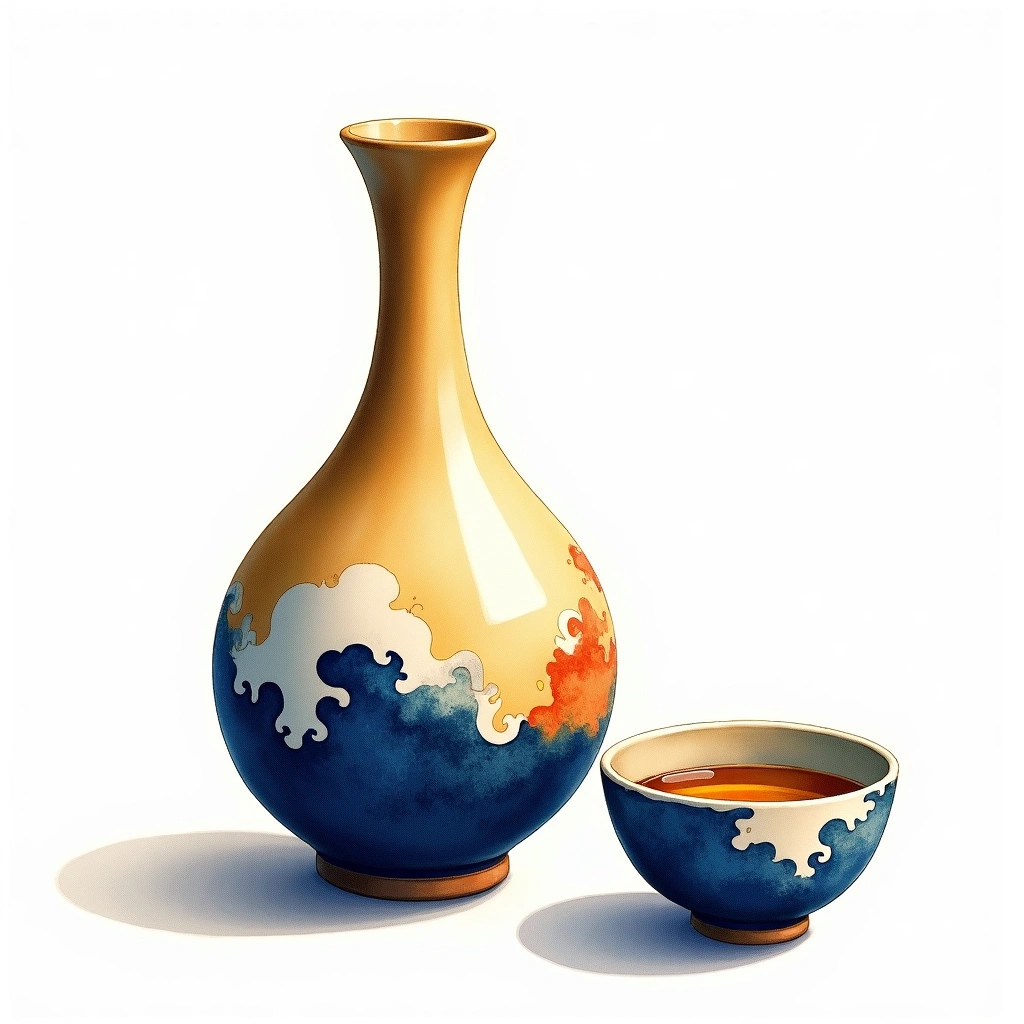 Manzairaku Junmai Junmai — watercolor illustration