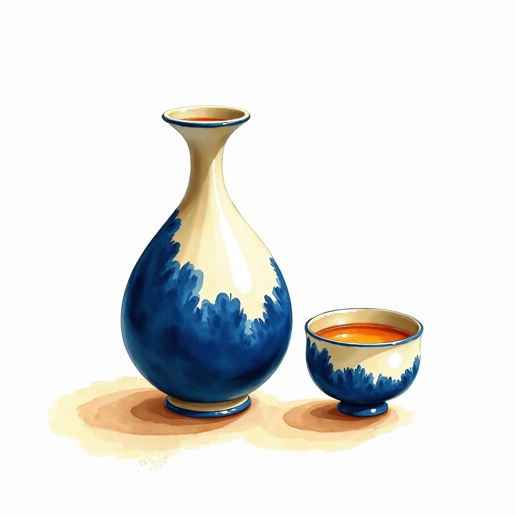 Shichiken Alain Ducasse Sparkling Junmai — watercolor illustration